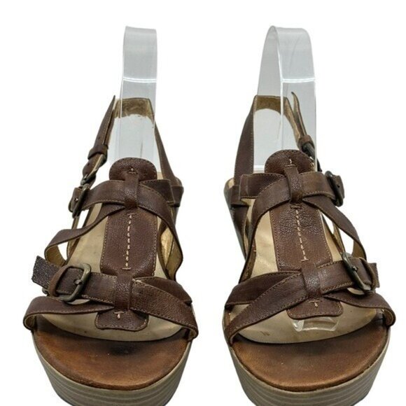 Stuart Weitzman 9.5 M Strappy Leather Platform Wedge Sandals Heels Brown Buckle - Picture 7 of 12